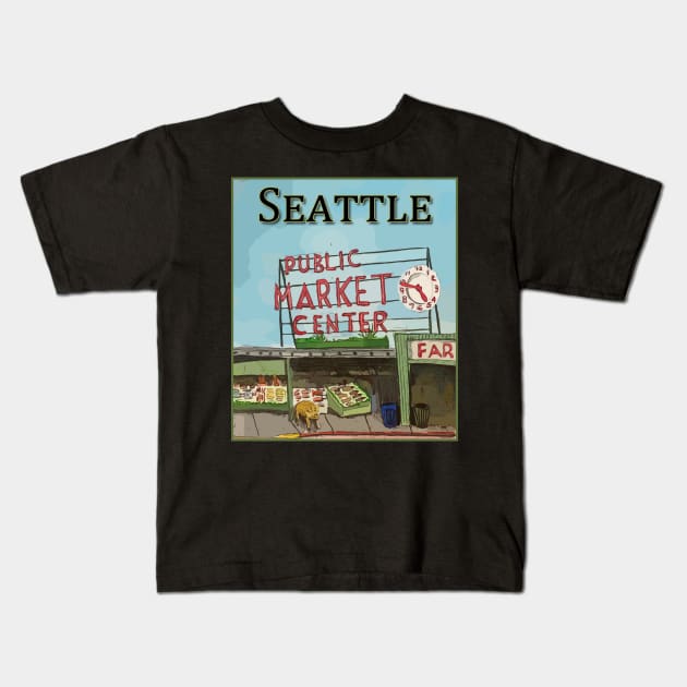 Seattle - Pikes Public Market Kids T-Shirt by WelshDesigns